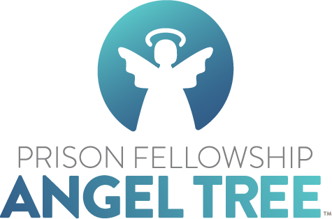 Logo for Prison Fellowship Angel Tree, featuring a white angel with a halo inside a blue circular background, with the words Prison Fellowship Angel Tree below in gray and blue text.