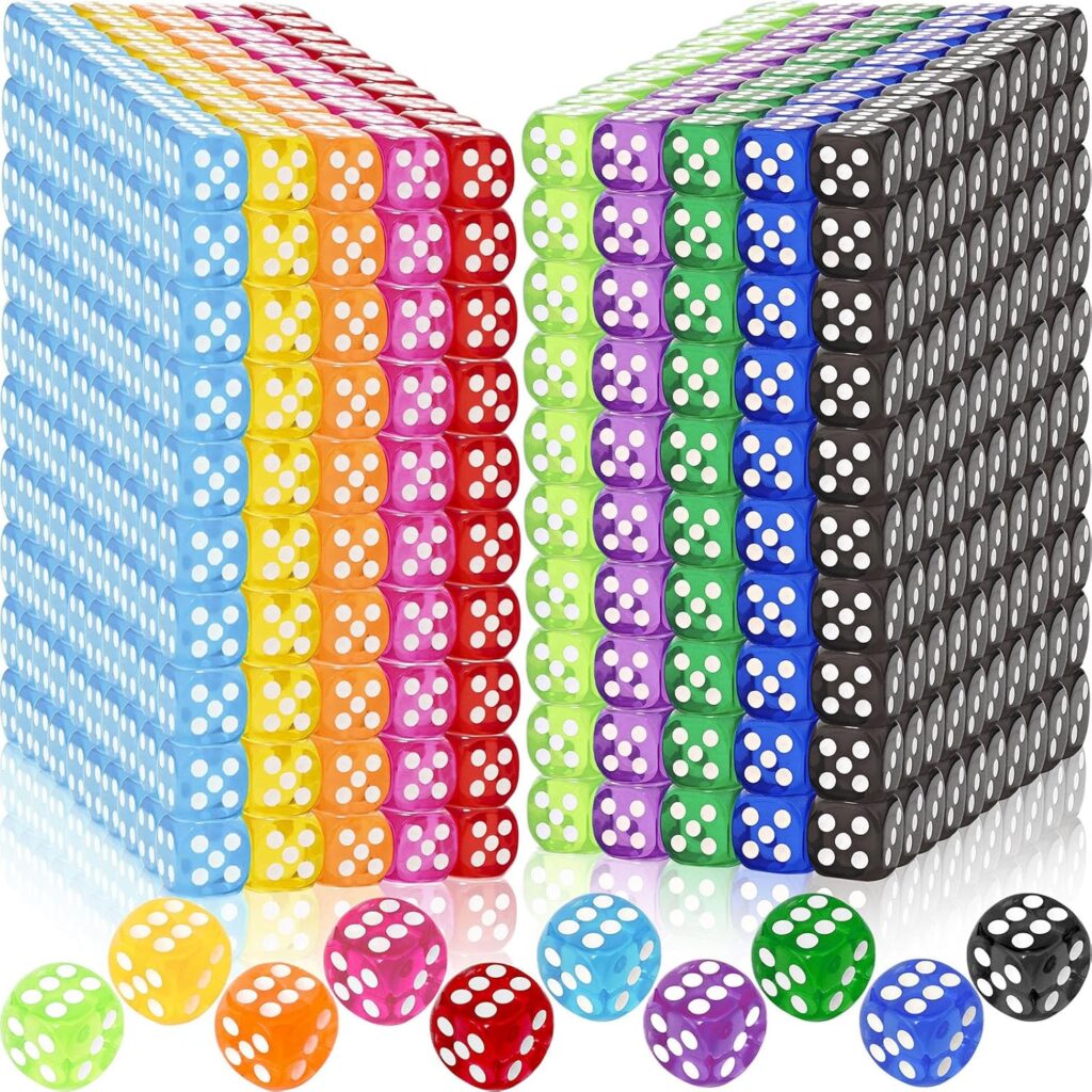 Stacks of colorful six-sided dice arranged in columns by color: blue, yellow, orange, red, green, purple, and black. Seven loose dice are at the front, each matching one of the stack colors.