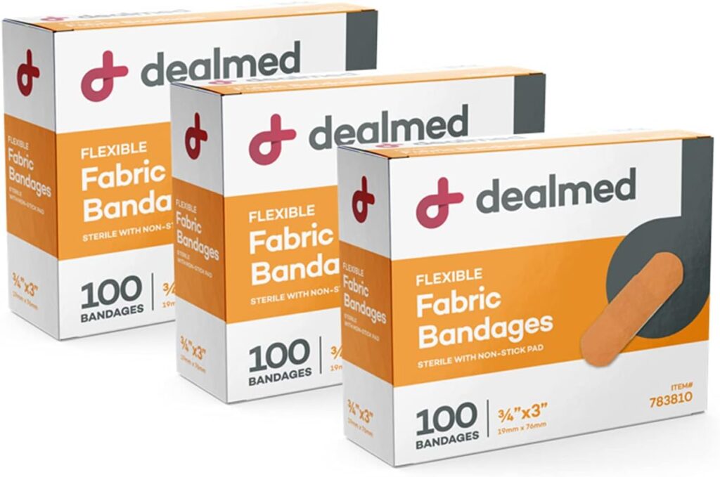 Three boxes of Dealmed Flexible Fabric Bandages, each box containing 100 bandages sized ¾ x 3. The packaging is white and orange with an image of a bandage on the front.