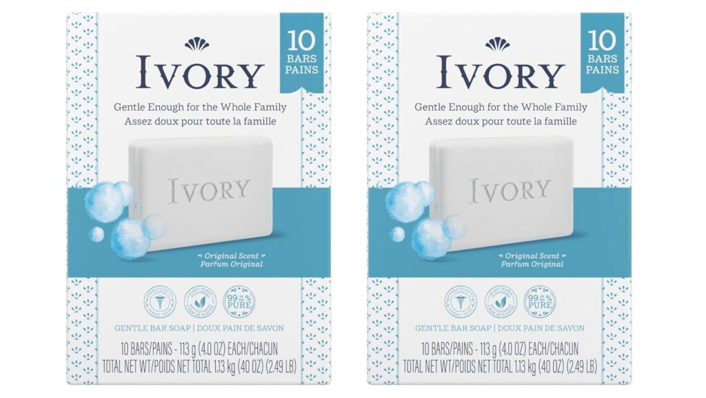 Two boxes of Ivory bar soap, each containing 10 bars. The packaging is white and blue with images of a soap bar, bubbles, and text highlighting the gentle formula for the whole family and original scent.
