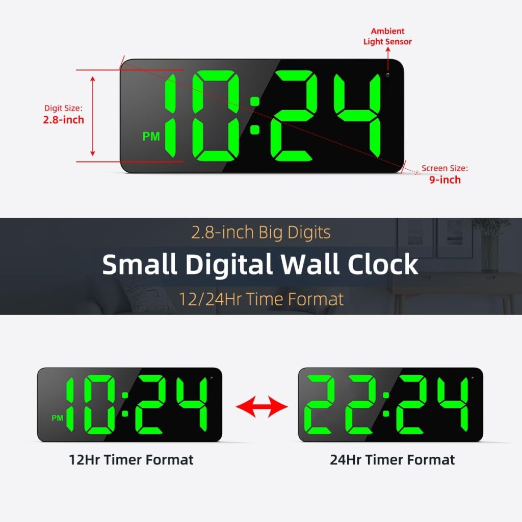 A digital wall clock with large green digits displays 10:24. Text highlights its 2.8-inch digits, 9-inch screen, ambient light sensor, and 12/24-hour format options.
