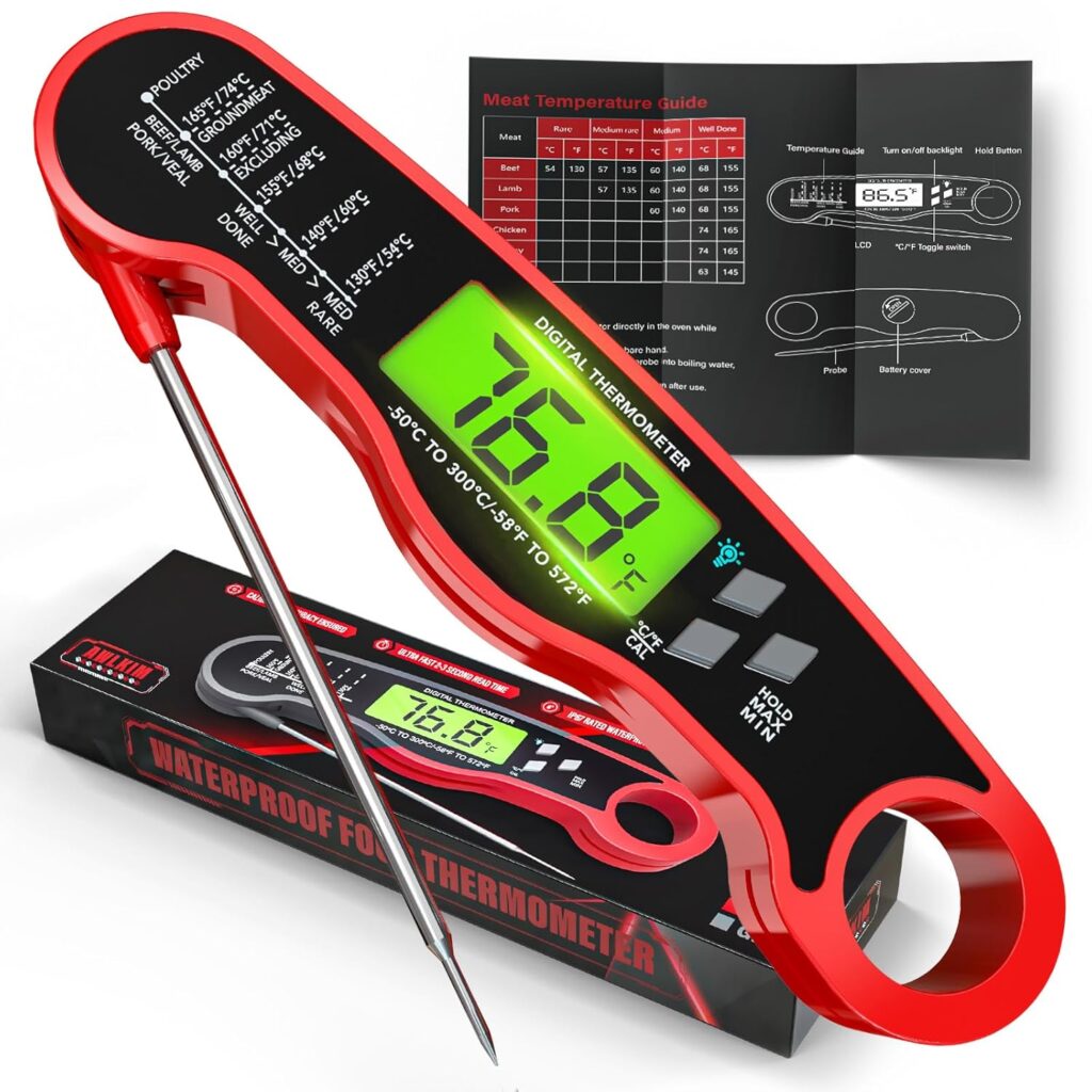 A red digital meat thermometer displays 168.8°F on its screen, with its metal probe extended. Behind it are a meat temperature guide, product packaging, and an image of the thermometers display on the box.