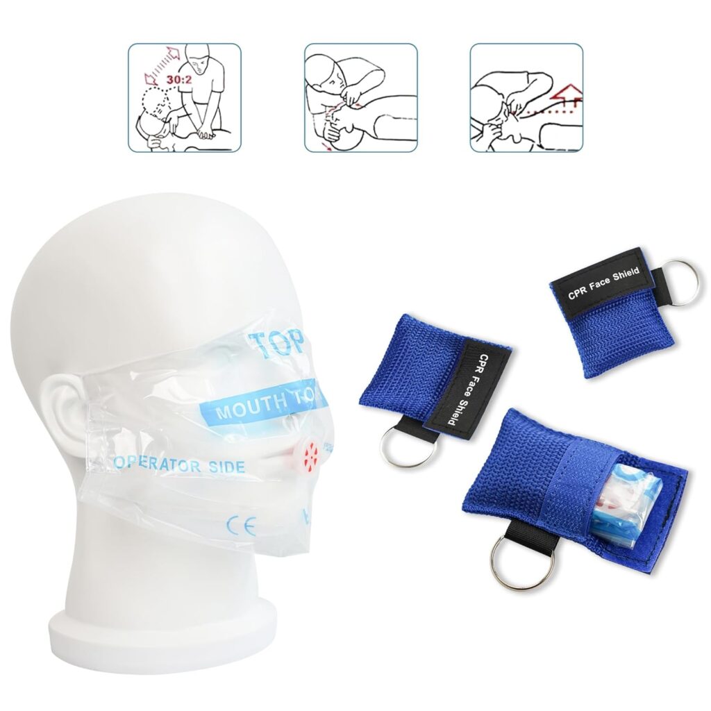 CPR face shield mask displayed on a mannequin head, with two blue pouch keychains labeled CPR Face Shield beside it. Instructional illustrations for CPR use are shown above.
