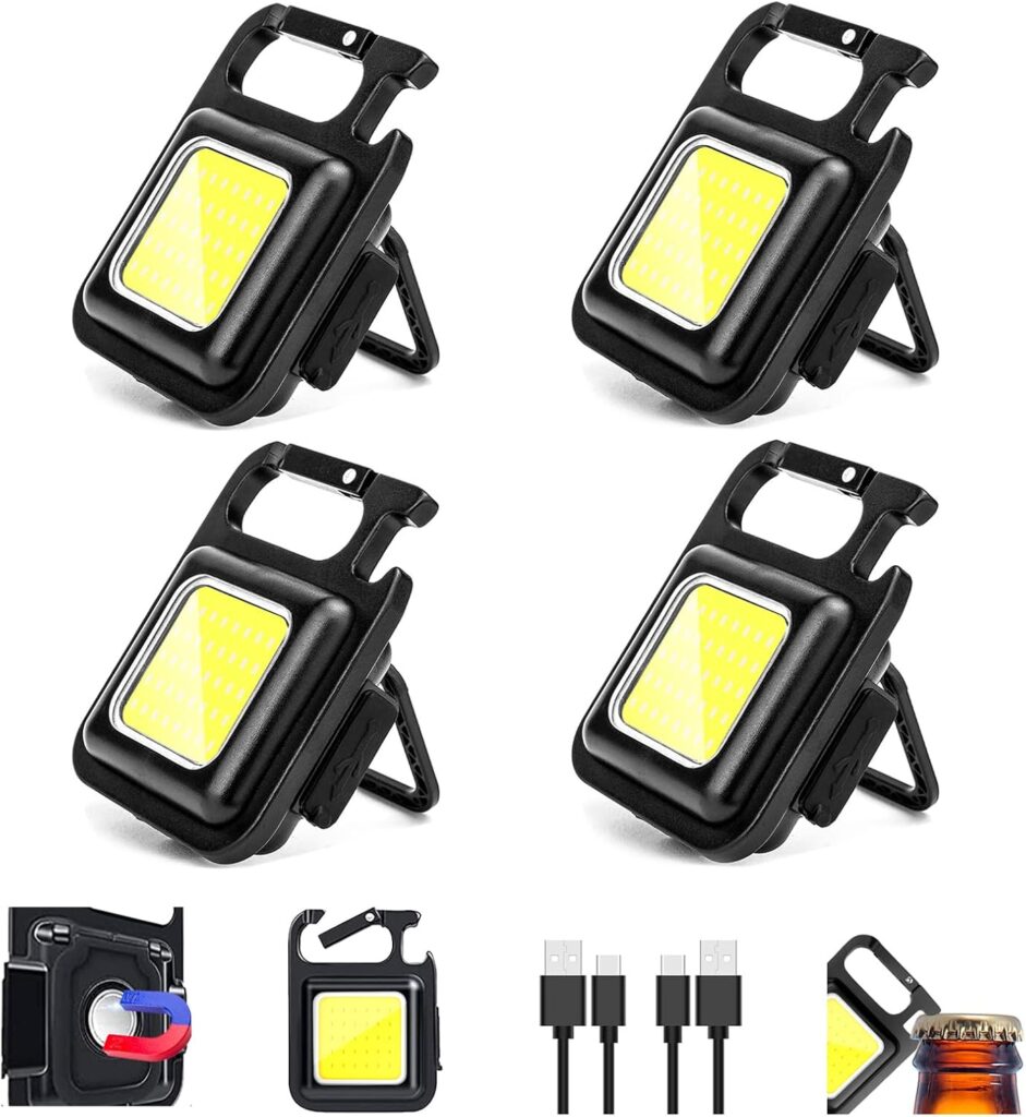 Four portable LED work lights with foldable stands, shown from various angles. Also pictured are three USB charging cables, a close-up of the light’s charging port, and a bottle opener feature on one light.