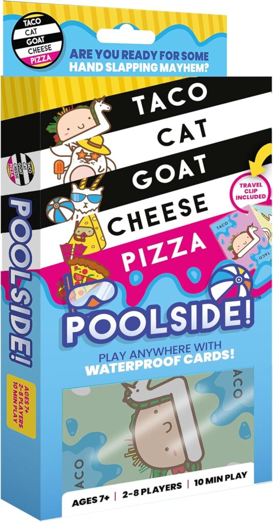 Colorful box for the game Taco Cat Goat Cheese Pizza Poolside, featuring playful cartoon animals, bold text, and a water theme. The box mentions waterproof cards and is for ages 7+, 2-8 players, 10-minute play.