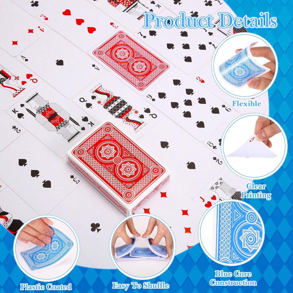 A display of playing cards with red and blue backs, showing product features such as flexible, plastic coated, easy to shuffle, blue core construction, and clear printing, highlighted in circular insets.