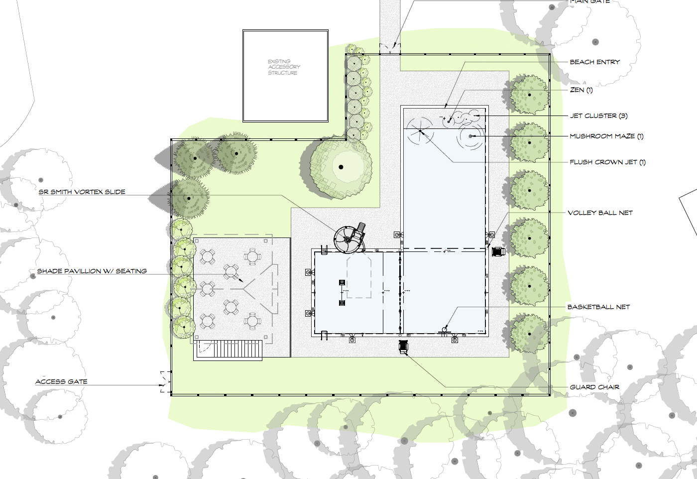 Site plan showing a pool area with labeled features, including a vortex slide, shaded pavilion with seating, basketball and volleyball nets, jet features, a mushroom maze, flush ground jet, and guard chair.