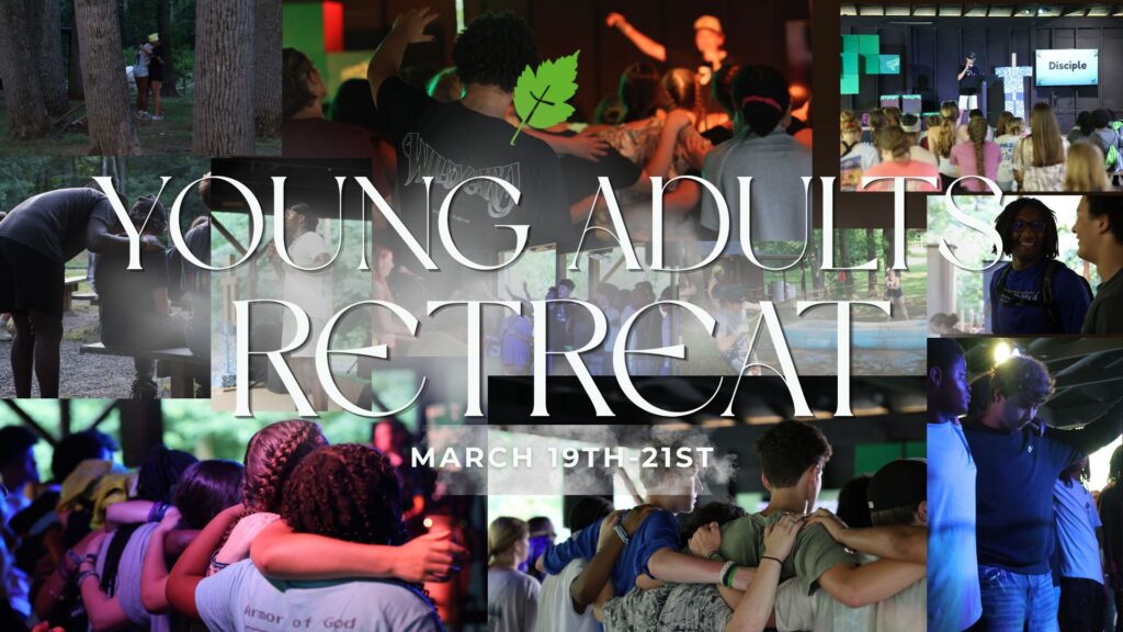 Collage of young adults participating in outdoor and indoor activities, group hugs, and discussions. Text reads: Young Adults Retreat, March 19th-21st. Leaf graphic at the center.