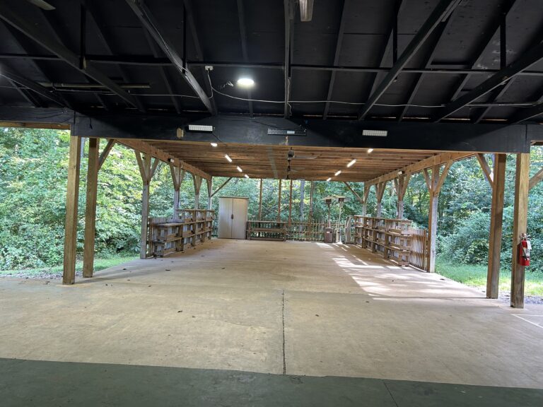 A large open pavilion with a wooden roof and beams, shelves on both sides, a door at the back, and surrounded by green trees. Sunlight is streaming in from the outside.